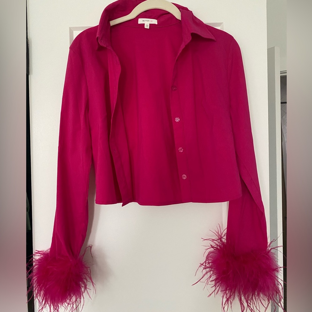 Pink Feather Sleeve Blouse